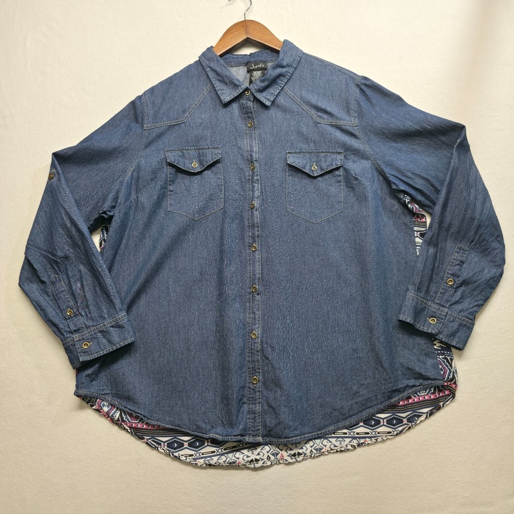 Justify Women's Denim Front‎ Aztec Back Long Sleeve Shirt Size 1X